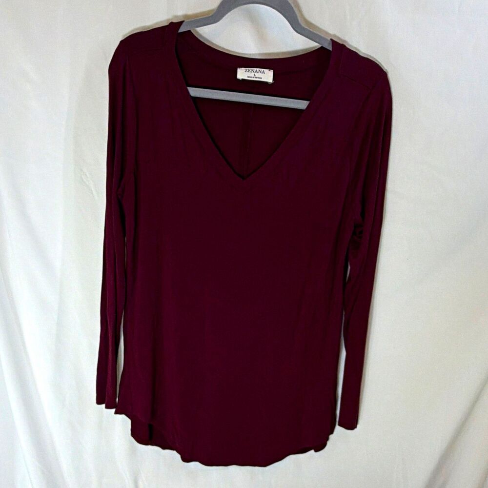 Zenana Women’s L Solid Burgundy V-Neck Long Sleeve Pullover Top